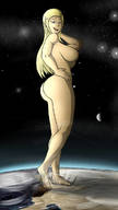 breasts drawing giantess nude giga blonde space color long_hair butt destruction barefoot smiling moon unknown_artist walking looking_down foot_print earrings hands_on_hips hair_clip
