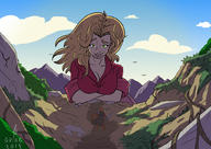 drawing giantess blonde large_breasts long_hair sword cleavage smiling unknown_artist looking_down outdoors shield arms_folded
