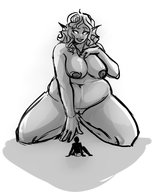 drawing giantess monochrome long_hair bbw looking_down no_background pointed_ears twila
