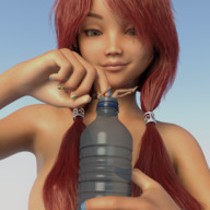 nude long_hair smiling red_hair pigtails bottle shrunken_man looking_down blue_nails no_background digital_render sayju