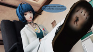 black_hair cleavage in_shoe short_hair sitting shrunken_man indoors choker lab necklace doctor dialogue persona digital_render persona_5 tae_takemi bantoras ren_amamiya