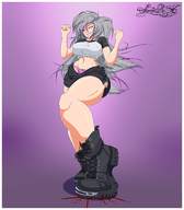breasts drawing giantess crush panties color blood low_angle boots cruel thighs voluptuous grey_hair no_background crop_top sector316