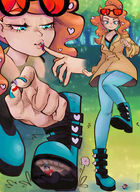 drawing pokemon feet long_hair soles glasses in_shoe red_hair boots foot_crush kissing hand boot outdoors nail_polish thigh_highs raised_foot coat pokemon_trainer blue_nails sonia_(pokemon) on_kinky pokemon_sword_and_shield