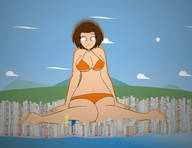 bikini growth giantess giga brunette short_hair unknown_artist sitting looking_down