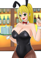 drawing city blonde large_breasts long_hair bunny_ears cleavage ponytail fishnets tie bunny_girl waitress shrunken_city bar