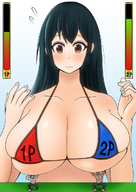 drawing blushing black_hair long_hair huge_breasts unknown_artist shrunken_man looking_down lifting tinies no_background shaking