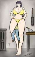 bikini black_hair long_hair barefoot huge_breasts mini_giantess between_legs indoors imminent_crush thick_thighs impending_doom yamumil