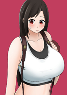drawing black_hair long_hair cleavage tifa_lockhart huge_breasts sweat gloves unknown_artist shrunken_man looking_down cloud_strife no_background stuck_to_breast