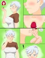 drawing white_hair comic large_breasts red_hair short_hair unknown_artist kissing dialogue panels no_background