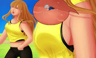 drawing long_hair brunette shrunken_man closed_eyes top jogging no_background armpits cutaway