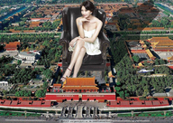 giantess collage city high_heels smiling unknown_artist sitting chair outdoors crowds bracelet