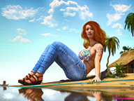 long_hair beach nami one_piece jeans tree red_hair sitting sandals houses outdoors tattoo bikini_top digital_render johnnyscribe