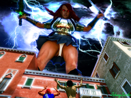 giantess panties city upskirt long_hair sword low_angle red_hair looking_down outdoors fairy_tail johnnyscribe erza_scarlett