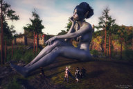 gentle giantess nude blue_hair sitting blue_skin world_of_warcraft outdoors point_of_view pointed_ears digital_render madamemaeve void_elf