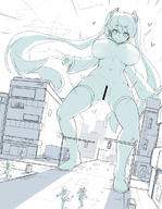 drawing giantess hatsune_miku city monochrome vocaloid sinensian twin_ponytails thigh_high_stockings