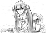 drawing giantess city mega monochrome large_breasts long_hair skirt crawling twintails jets outdoors necklace twin_ponytails risa_matoba ラピト