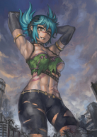 drawing city color destruction blue_hair smiling yilx muscles ripped_clothing scars