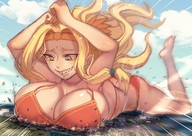drawing giantess city mega blonde color destruction cleavage green_eyes breast_crush sharp_teeth smling fate_(series) fate_grand_order belly_flop