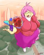 drawing giantess blushing handheld huge_breasts smiling pink_hair short_hair unknown_artist outdoors flowers bouquet