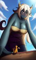 drawing giantess white_hair horns large_breasts long_hair cleavage sweat blue_skin bending_over looking_down outdoors