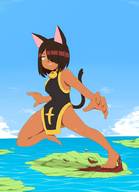 furry tail mega destruction clothed barefoot ocean brunette yellow_eyes island running cat_girl bell terakizu medium_hair