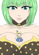 drawing blonde large_breasts green_hair short_hair shrunken_woman looking_down fairy_tail choker side_ponytail lucy_heartfilia brandish between_breasts alphadeltazeta