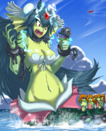 breasts drawing giantess color long_hair handheld water blue_hair angry mermaid airplane open_mouth video_game green_skin shantae ruru giga_mermaid shantae_half-genie_hero techno_baron