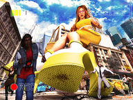 breasts growth giantess city mega blonde long_hair destruction high_heels glasses blood red_hair boots sitting outdoors disney belt running_away sitting_on_building digital_render big_hero_6 johnnyscribe honey_lemon