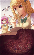 drawing giantess karbo vore tail blonde in_stomach digestion pink_hair laughing noodles cutaway