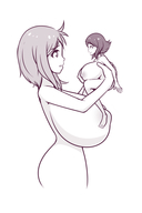 drawing monochrome huge_breasts short_hair looking_down lifting no_background concerned inksgirls