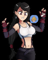 drawing black_hair large_breasts long_hair cleavage skirt tifa_lockhart gloves ponytail surprised looking_down cloud_strife earrings top no_background on_breasts punishedmosquito