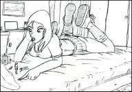 drawing monochrome long_hair clothed skirt bed shoes socks lying_down indoors pointing jhonair