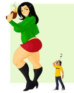 drawing black_hair long_hair skirt smiling boots unknown_artist shrunken_man looking_up looking_back shrink_gun turtleneck no_background