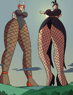drawing giantess mega color bunny_ears high_heels huge_breasts brunette low_angle dress medium_length_hair fishnets giantesses nature trees orange_hair hand_on_hips