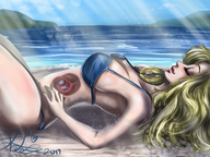 bikini drawing white_hair vore blushing sleeping long_hair in_stomach beach unknown_artist outdoors closed_eyes cutaway