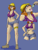 drawing vore large_breasts clothed pubic_hair cleavage saliva red_hair short_hair unknown_artist shorts shrunken_woman open_mouth hard_hat no_background bare_midriff