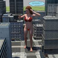 bikini city long_hair brunette unknown_artist surprised looking_down outdoors dialogue digital_render