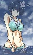 bikini drawing giantess large_breasts clothed ocean blue_hair short_hair surprised looking_down flower ships embernaga