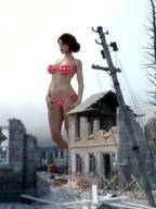 bikini breasts giantess mega black_hair unaware ruins hands_on_hips digital_render hair_bun justanotherperson032