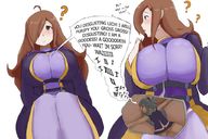 drawing blushing long_hair blue_hair huge_breasts brunette unknown_artist sitting shrunken_woman dialogue confused between_breasts