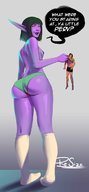 drawing panties black_hair color long_hair butt handheld topless socks shrunken_man thighs sideboob dialogue purple_skin source_needed no_background pointed_ears bare_legs resizestuff