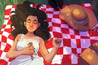 drawing gentle sleeping color clothed fairy shrunken_woman outdoors picnic
