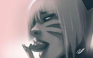 drawing vore monochrome tongue finger short_hair no_background resizestuff