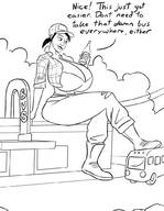 breasts giantess mega monochrome cleavage huge_breasts boots sitting bus looking_down outdoors hat dialogue sitting_on_building caiman2