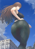 drawing giantess city large_breasts long_hair brunette smoke outdoors looking_back big_butt hairband uru