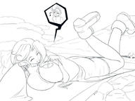 giantess monochrome long_hair clothed huge_breasts smiling lying_down unknown_artist outdoors closed_eyes petting cutaway
