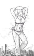 drawing giantess city monochrome destruction buildings yilx short_hair muscles explosion outdoors debris