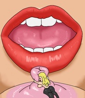 drawing nipples giantess vore blonde long_hair huge_breasts shrunken_woman open_mouth big_butt hanging_on parted_lips redcaped