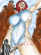 drawing giantess long_hair huge_breasts red_hair unknown_artist looking_down outdoors skintight_clothing