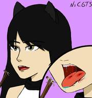 drawing vore black_hair long_hair saliva blood cat_ears gore hard_vore open_mouth chopsticks blake imminent_vore no_background rwby blake_belladonna nscgts